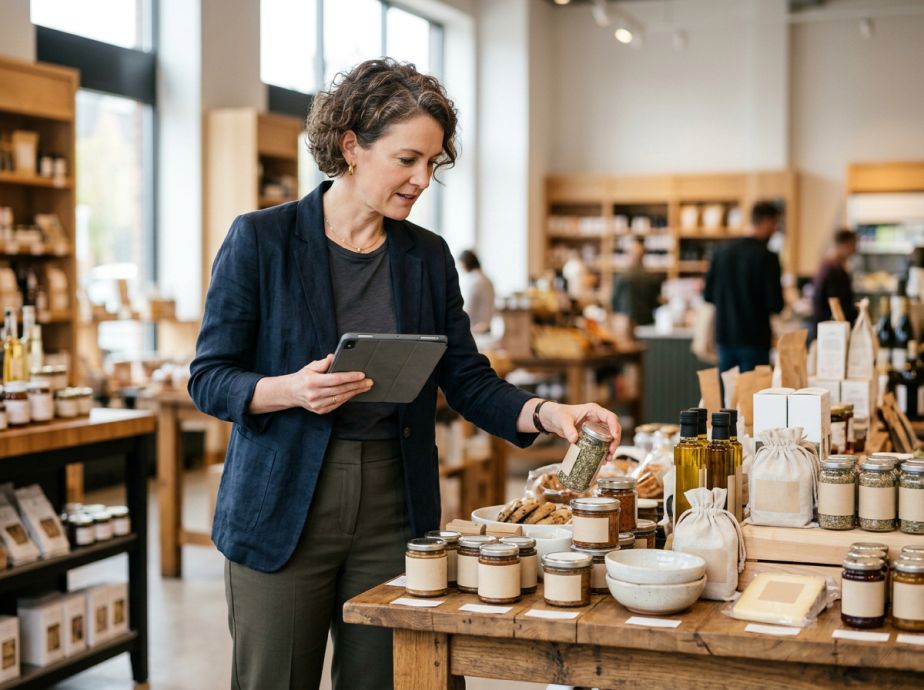A photograph of a hospitality buyer reviewing food products laid out on a table.