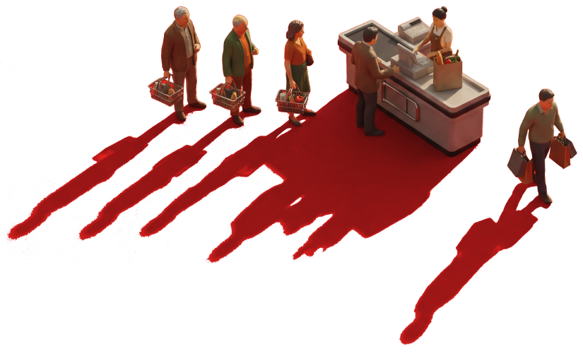 Tiny Clay People queuing at a shop counter